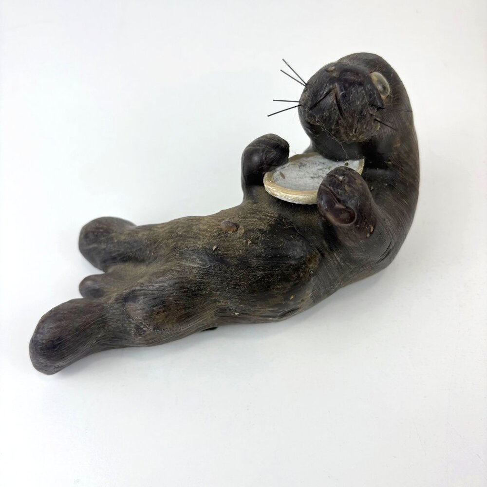 Hand-Carved Wax Sea Otter Holdinv Shell Playful 7” Long‎ Rustic Decor